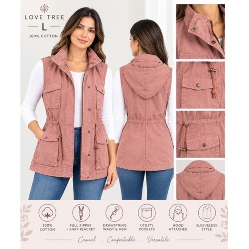 Love Tree Women Utility Vest Mauve Rose Pink Hooded Cargo Cotton Large 8876VN